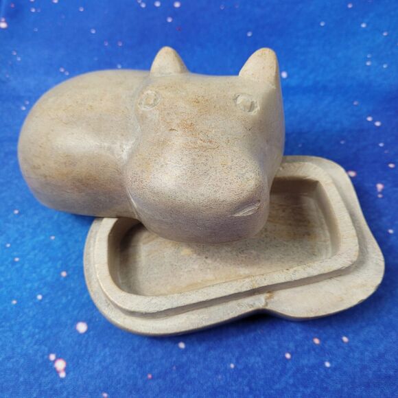 Hippo Carved Soapstone Trinket Box 5" Long - Picture 2 of 15
